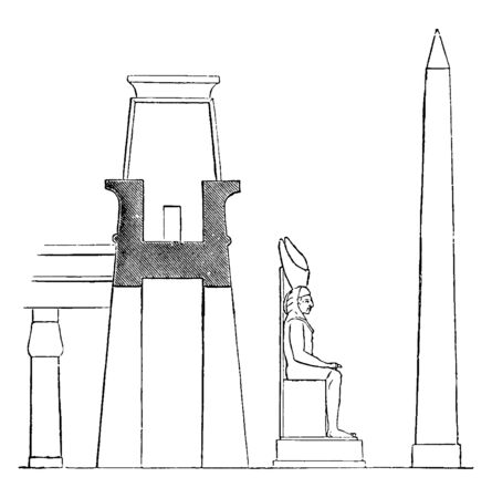 Pylon at the Palace at Luxor, Profile with Colossal Statue and Obelisk, complex located, east bank of  River, Battle of Kadesh, Amun, Chons, Egyptian architecture, Egyptian, vintage line drawing or engraving illustration.のイラスト素材