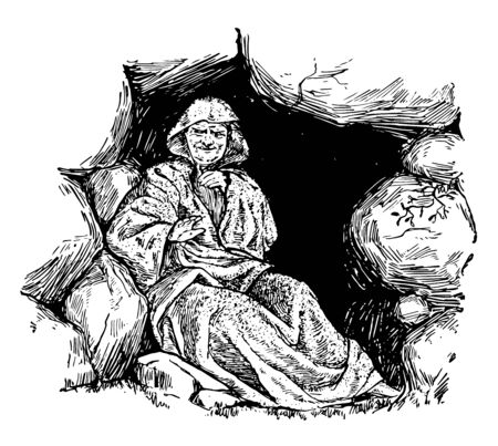 Loki refused to weep while dressed as an old lady so that Baladur loses to Spirit World, vintage line drawing or engraving illustration.のイラスト素材