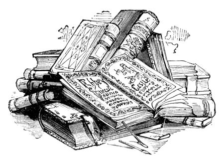 Pile of Books, collection, heap, mass, mound, Novel, stack, volume, vintage line drawing or engraving illustration.のイラスト素材