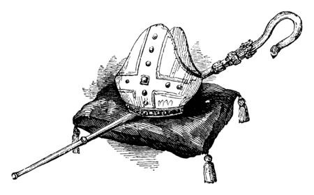 Mitre and Crosier is a type of headgear, vintage line drawing or engraving illustration.のイラスト素材