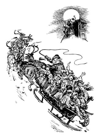 In this picture, Santa Claus is seen with many children in his sleigh flying to the North Pole. Santa Clause has holding on a Whip in his hand, vintage line drawing or engraving illustration.のイラスト素材