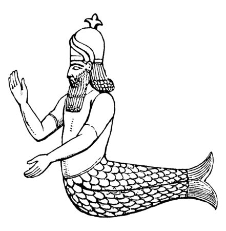An image of a man with a half body like a man and half body like fish known as Mermaid, vintage line drawing or engraving illustration.のイラスト素材