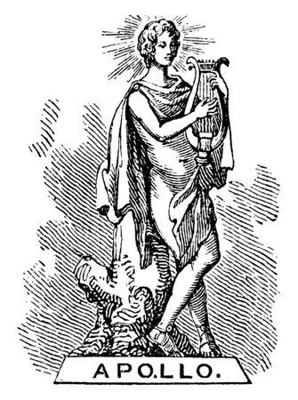 Greek music god Apollo playing musical instrument and all the waves of music are surrounded near him, vintage line drawing or engraving illustration.のイラスト素材