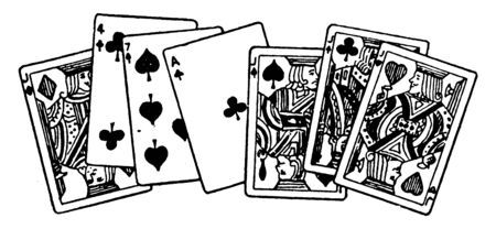 In this picture there are seven cards a laid out showing, vintage line drawing or engraving...