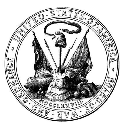 Seal of the Board of War and Ordnance, 1776, this seal shows snake, two flags, gun, spear, cannon and warrior uniform, vintage line drawing or engraving illustrationのイラスト素材