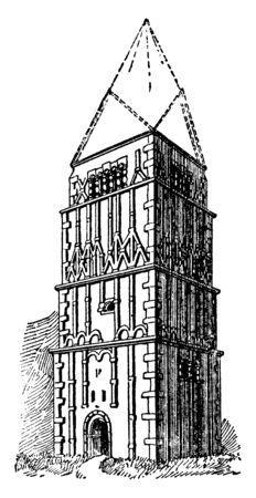 Earls Barton Church is the only remaining piece of the tower, decorated is unique, internationally famous icon, vintage line drawing or engraving illustration.のイラスト素材
