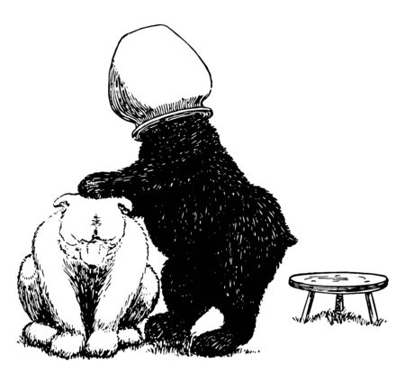 Bears 12, this picture shows white bear bent down and black bear's head stuck in jar putting his hands on back of white bear, vintage line drawing or engraving illustrationのイラスト素材