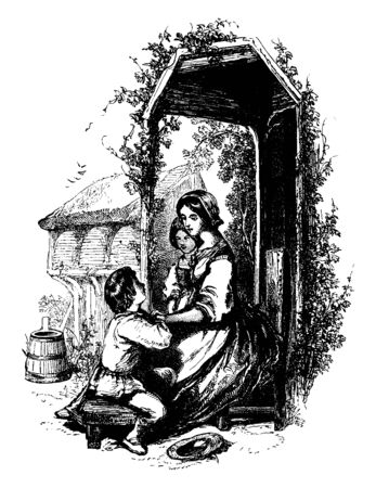 This image shows how patiently a mother is soothing son, vintage line drawing or engraving illustration.のイラスト素材