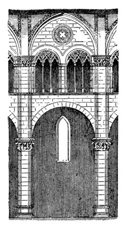 One Bay, Nave of Lucca Cathedral, Cathedral architecture, cathedral of st martin, Classical Architecture, frame, framing, Gothic architecture, lucca cathedral of san martino,  vintage line drawing or engraving illustration.のイラスト素材