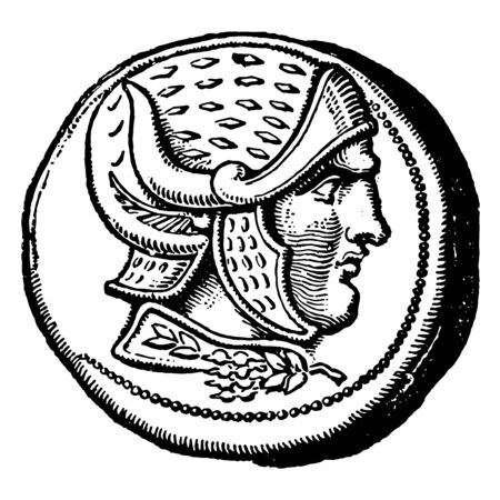 In this image a tetradrachm this is a ancient Greek coin. That is a picture of a soldier on Coin, vintage line drawing or engraving illustration.のイラスト素材