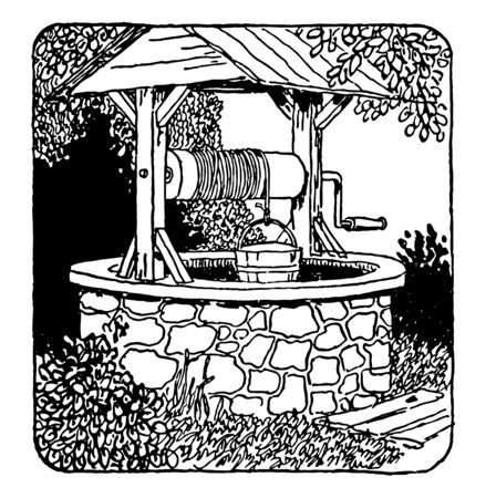 This is a well of water which is made by stone around which trees and plants are engaged, vintage line drawing or engraving illustration.のイラスト素材