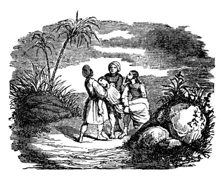 Three persons are carrying a dead body of Ananias to be buried, vintage line drawing or engraving illustration.のイラスト素材