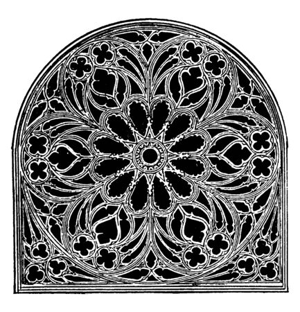 Rose Window, Church of St. Ouen, Rouen applied to a circular window, features two magnificent, exterior of the cathedral, vintage line drawing or engraving illustration.のイラスト素材