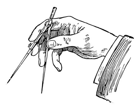 Holding the Divider in the right hand and presenters as an unimportant, their rounders are crucial for the further processing, vintage line drawing or engraving illustration.のイラスト素材