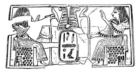 Hieroglyphic panel with a cartouchein this picture, vintage line drawing or engraving illustration.