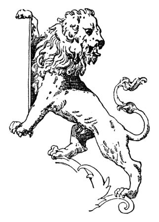 Lion Supporting Shield is a modern form of a statue, vintage line drawing or engraving illustration.のイラスト素材