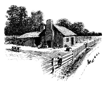 The image depicts a old cabin, which has wooden posts compound wall.  The boy is climbing the wall and there is a trail of Ducks behind him, vintage line drawing or engraving illustration.のイラスト素材