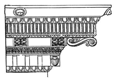 Corinthian Cornice,  distinguished from the Ionic, mutules and modillions, the place of the dentels, the latter style, vintage line drawing or engraving illustration.のイラスト素材