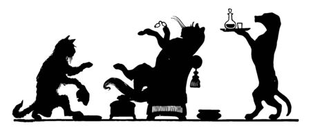 Retired Cat, this scene shows silhouettes of cat resting on chair, and dog carrying jar and glass in tray, and one cat sitting in front of resting cat,  vintage line drawing or engraving illustrationのイラスト素材
