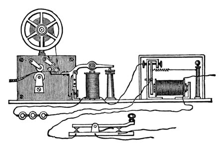 This illustration represents function of Morse Apparatus Circuit and Battery, vintage line drawing or engraving illustration.のイラスト素材