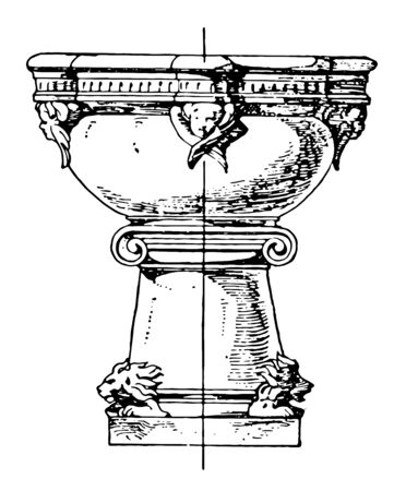 This Romanesque stoup is a small basin which contains holy water, vintage line drawing or engraving illustration.のイラスト素材