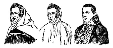 These are the examples of Medieval Amice. It consists of a white cloth connected to two long ribbon-like attachments, by which it is fastened around the shoulders of the priest, vintage line drawing or engraving illustration.のイラスト素材