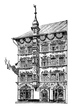 A shop in Lucerne, Switzerland selling antiques. Antiques mean a collectable object such as a piece of furniture or work of art that has a high value because of its age and quality, vintage line drawing or engraving illustration.のイラスト素材