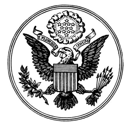 Great Seal of the United States, this circle shape seal has bald eagle with motto E PLURIBUS UNUM has shield at its chest, and holding olive branch and arrows, stars on top, vintage line drawing or engraving illustration のイラスト素材