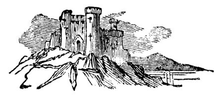 This image illustrates the castle.  The castle is constructed up there on hill. This House has Chimney at the pinnacle, vintage line drawing or engraving illustration.のイラスト素材