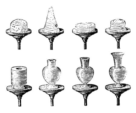 Successive Stages of Earthenware Vessel on the Potter's Wheel, its making ceramic material into pots or potterywares using mud, vintage line drawing or engraving illustration.のイラスト素材
