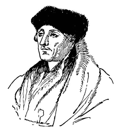 Desiderius Erasmus, 1466-1536, he was a Dutch renaissance humanist, catholic priest, social critic, teacher, and theologian, he was a classical scholar and wrote in a pure Latin style, vintage line drawing or engraving illustrationのイラスト素材