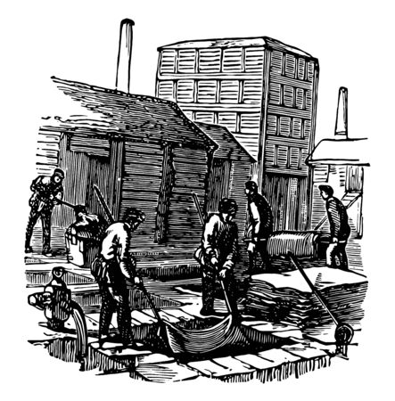 This illustration represents Leather making consists essentially of the skins of animals chemically altered, vintage line drawing or engraving illustration.のイラスト素材