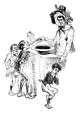 Oliver Twist, this scene shows a man feeding children with spoon from bowl kept on table, children in queue, a child kept hand on mouth after eating, vintage line drawing or engraving illustrationのイラスト素材