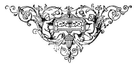 Triangular Doodad have two Angels sitting on either side of a box, it have leaves and flowers pattern, vintage line drawing or engraving.のイラスト素材