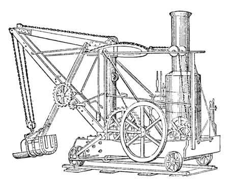 This illustration represents Excavator which is a large machine for removing soil from the ground, vintage line drawing or engraving illustration.のイラスト素材