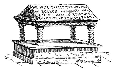 The grave of the ruler of Godfrey de Bouillon of Jerusalem has been shown in the picture; He refused the title of King and preferred to be called a Protector, vintage line drawing or engraving illustration.のイラスト素材