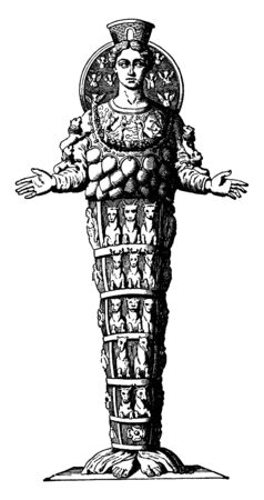 This picture shows the sculpture of Diana. In Roman mythology, it is believed that Diana was the goddess of the hunt, the moon and the nature, vintage line drawing or engraving illustration.のイラスト素材