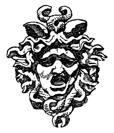 Tympanum Medusa Head is found in the arch of the entrance of the Royal Palace of Tuileries in Paris, vintage line drawing or engraving illustration.のイラスト素材