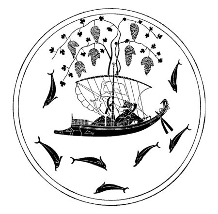 In this image Dionysus at Sea in many fish are, vintage line drawing or engraving illustration.のイラスト素材