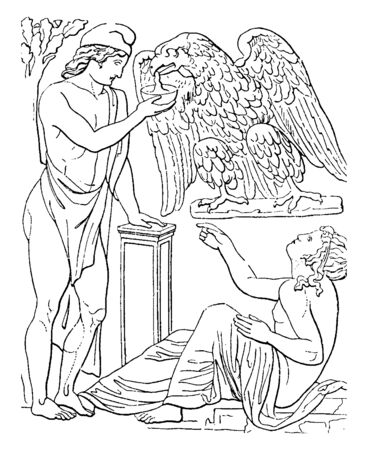 In this picture showing Ganymede to giving drink to the eagle.  & one person sitting  down to see the Ganymede, vintage line drawing or engraving illustration.のイラスト素材