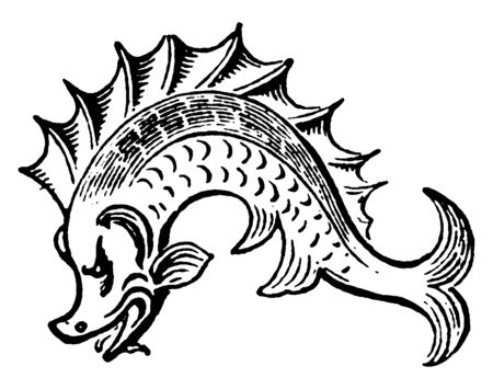An image of a big mythical fish which looks like a dolphin, vintage line drawing or engraving illustration.のイラスト素材