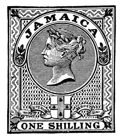 This illustration represents Jamaica One Shilling Revenue Stamp in 1880, vintage line drawing or engraving illustration.のイラスト素材
