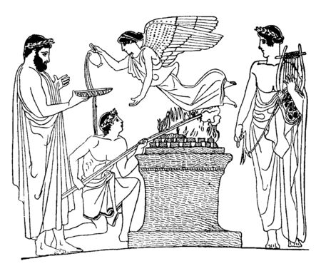 People doing prayers and offering sacrifices to make god happy, vintage line drawing or engraving illustration.のイラスト素材