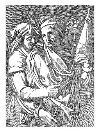 In this picture this is The Three Fates. They have holding something in hand. They has wear something on head, vintage line drawing or engraving illustration.のイラスト素材