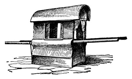 Palanquin is a covered litter for one passenger which consisting of a large box carried on two horizontal poles by four or six bearers, vintage line drawing or engraving illustration.のイラスト素材