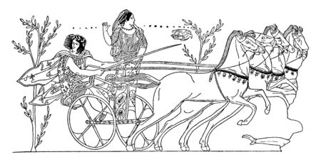An ancient picture of Hippodamia and Pelops on a racing chariot, where Pelops wins the race and thereby Hippodamia, who is looking on, vintage line drawing or engraving illustration.のイラスト素材