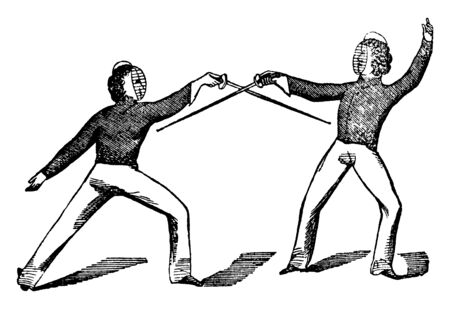 Players are playing fencing game. Both players' swords are making cross and swords are facing down...
