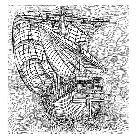 1400s Ship is a ship of Columbus time, vintage line drawing or engraving illustration.のイラスト素材