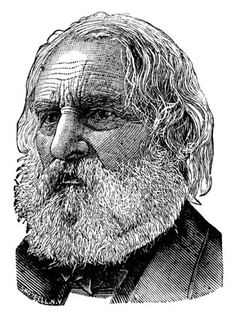 Henry Wadsworth Longfellow, 1807-1882, he was an American poet and educator whose works include Paul Revere's Ride, The Song of Hiawatha, and Evangeline, vintage line drawing or engraving illustrationのイラスト素材