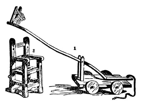 A first picture shows a cart or carriage with four wheels and second picture is a chair made of wood, vintage line drawing or engraving illustration.のイラスト素材